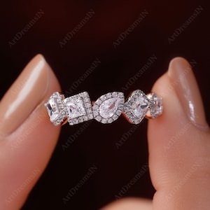 Einzigartige Multi Form Labradorit Diamant Ehering, Hao Diamant Band, 14K Gold halb Eternity Ring, Braut Jahrestag Band, stapelbarer Ring