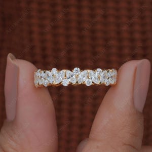 4MM Marquise and Round Lab Grown Diamond Wedding Band 14K Gold Half Eternity / Full Eternity Ring, Diamond Bridal Anniversary Band For Women