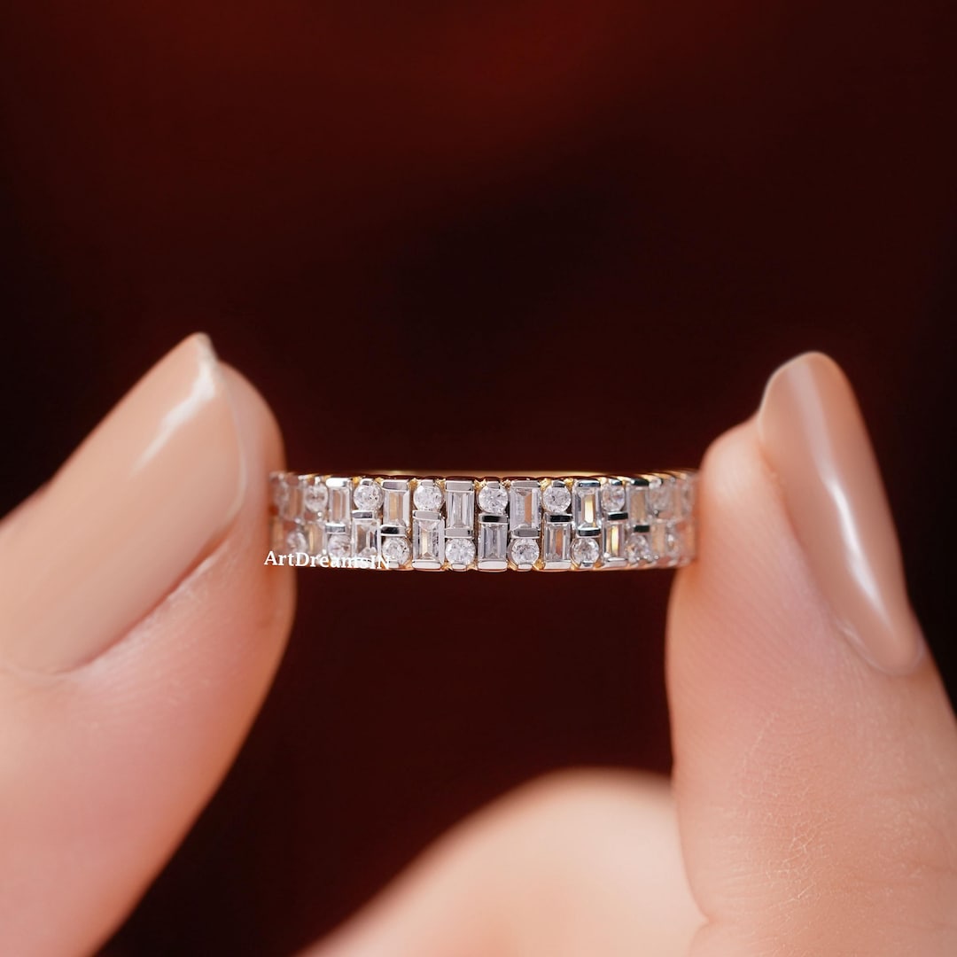 Wide Baguette Lab Grown Diamond Wedding Band: 14K Gold Half Eternity ...