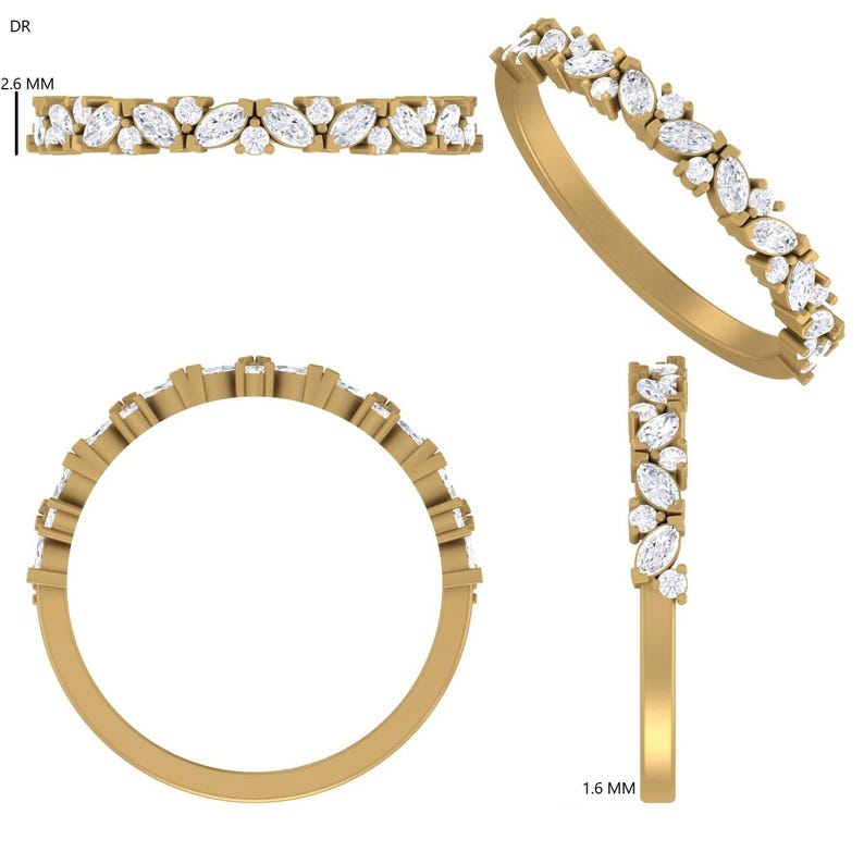 May include: A gold band ring with alternating marquise and round-cut white gemstones. The ring is shown from multiple angles, including a top-down view, a side view, and a close-up of the gemstones. The band is 1.6 mm thick and 2.6 mm wide.