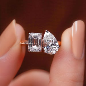 Unique Lab Grown Diamond Engagement Ring, IGI Certified Pear and Emerald Cut Diamond Toi et moi Ring, You and me two stone Anniversary Ring