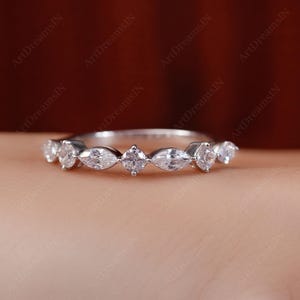 Alternating Lab Grown Band 0.45TCW Marquise and Round Diamond Half Eternity Ring, 14K Gold Single Prong Diamond Anniversary Stackable Ring