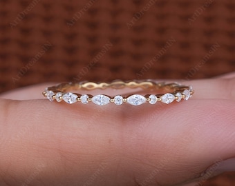 1.5MM Dainty Lab Grown Diamond Wedding Band, Single Prong Marquise and Round Diamond Eternity Band, Minimalist Stackable Ring For Women