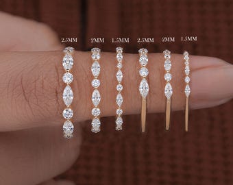 Alternating Marquise and Round Cut Lab Grown Diamond Band Marquise Wedding Band Half Eternity Band Stackable Band Shared Prong Wedding Band