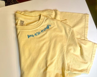 Adult T-Shirt, Hand Embroidered, Personalized, Comfort Colors. personalized embroidered t-shirt, hand stitch, hand stitched.
