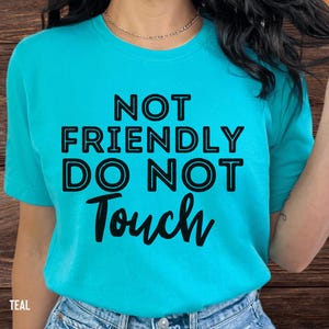 May include: Teal blue t-shirt with black text that reads "NOT FRIENDLY DO NOT TOUCH" in a retro font.
