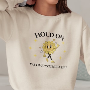 Puede incluir: Sudadera color crema con el texto "HOLD ON I'M OVERSTIMULATED" y un dibujo de una flor de dibujos animados. La flor tiene una cara sonriente, brazos y piernas. Estrellas amarillas rodean el gráfico. Un estilo casual y cómodo.