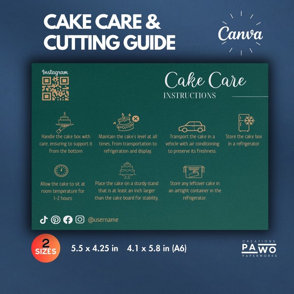 Cake Care Card Bundle Cake Cutting Guide Cake Care Instructions Thank You For Your Purchase Editable Canva Template Bakery Packaging Insert