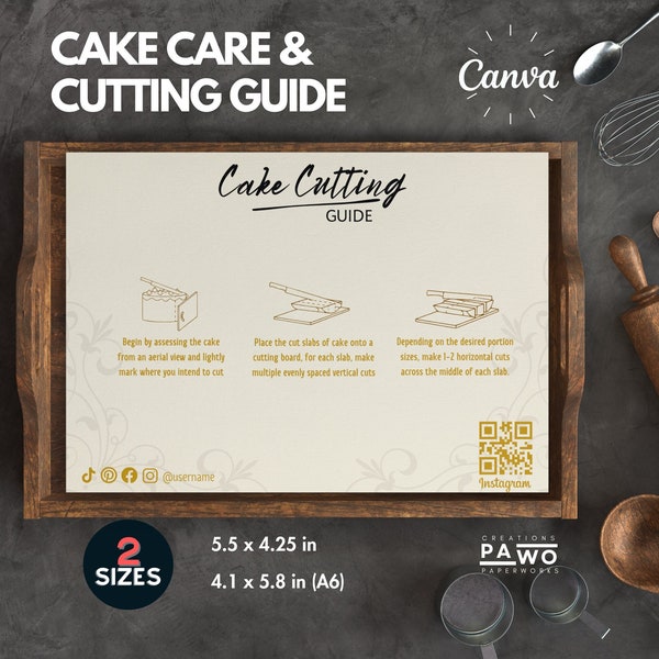 Cake Care Card Bundle Cake Cutting Guide Cake Care Instructions Thank You For Your Purchase Editable Canva Template Bakery Packaging Insert