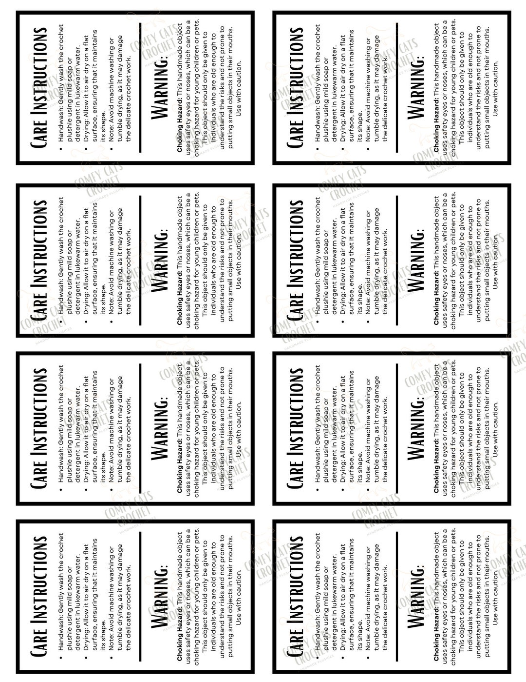 Informative Labelling Warning Label | Care Instructions | Printable for Handmade Items ...