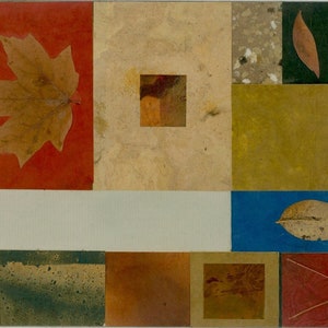May include: An abstract collage artwork featuring a variety of textures and colors. The artwork is composed of squares and rectangles, with a variety of leaves and other natural elements incorporated into the design. The colors are mostly muted, with shades of brown, green, red, and blue.