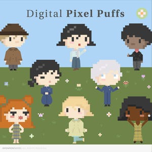 May include: A digital illustration of pixelated characters in various outfits, set against a blue sky and green grass. The text "Digital Pixel Puffs" is at the top. The characters are in different poses and wearing different outfits.