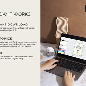 May include: A laptop screen shows a Canva template for a party invitation with the text "Tinis & Deliciousness". The template is customizable with text, colors, images, and more. The laptop is on a table with a wooden decorative object and a white stone.