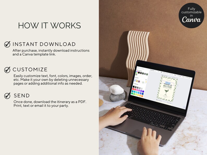 May include: A laptop screen shows a Canva template for a party invitation with the text "Tinis & Deliciousness". The template is customizable with text, colors, images, and more. The laptop is on a table with a wooden decorative object and a white stone.