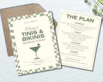 Martinis and Bikinis Bachelorette Party Invite Template, Bach Weekend Itinerary, Editable Canva Template, Tinis and Bikinis