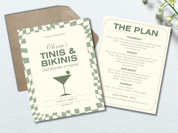Martinis and Bikinis Bachelorette Party Invite Template, Bach Weekend Itinerary, Editable Canva Template, Tinis and Bikinis