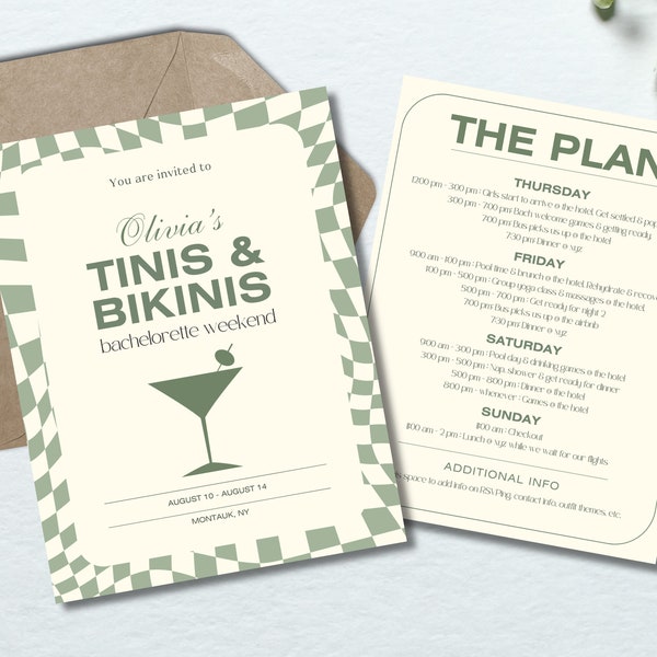 Martinis and Bikinis Bachelorette Party Invite Template, Bach Weekend Itinerary, Editable Canva Template, Tinis and Bikinis