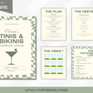 13 fully customizable pages. Page 1 is invite cover page. Page 2 is the plan with space to include the itinerary for the entire trip. Page 3 includes party details. Page 4 allows you to add photos for theme and outfit vibes. Page 5 is a packing list.