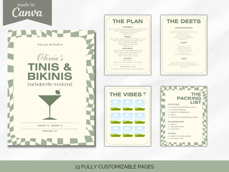 13 fully customizable pages. Page 1 is invite cover page. Page 2 is the plan with space to include the itinerary for the entire trip. Page 3 includes party details. Page 4 allows you to add photos for theme and outfit vibes. Page 5 is a packing list.