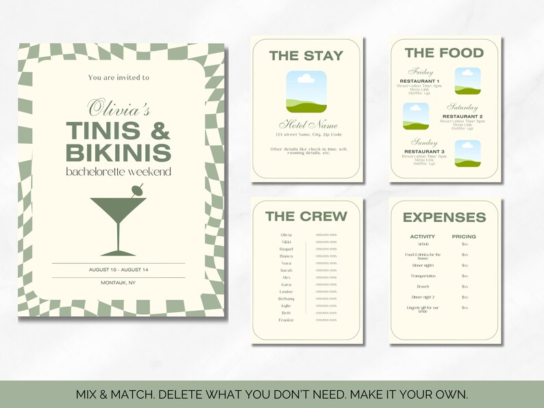 Page 6 is for information on the hotel or airbnb. Page 7 is restaurant details. Page 8 is a place to list everyone going and contact info. Page 9 allows you to provide expenses and details on costs for the bachelorette.