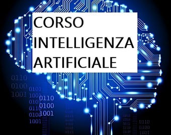 Può includere: Illustrazione digitale di un cervello composto da linee di circuiti blu, con il testo "CORSO INTELLIGENZA ARTIFICIALE" in un rettangolo bianco. Codice binario visibile nell'angolo in basso a sinistra, su sfondo blu scuro.