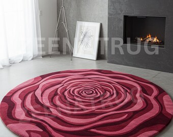Tappeto rotondo in lana trapuntato a mano con motivo rosa cremisi / Decorazione per cameretta bambini con fiori rosa, accento funky 7x7