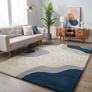Serene Waves Hand-Tufted Wool Rug blue Color rectangular shape 8x10 Handmade Custome Area Rug for Home Decor.