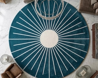 Teal Blue Circle Area Rug Mid Century Modern Sunburst Round Rug 8x8 Carpets Boho Home Decor