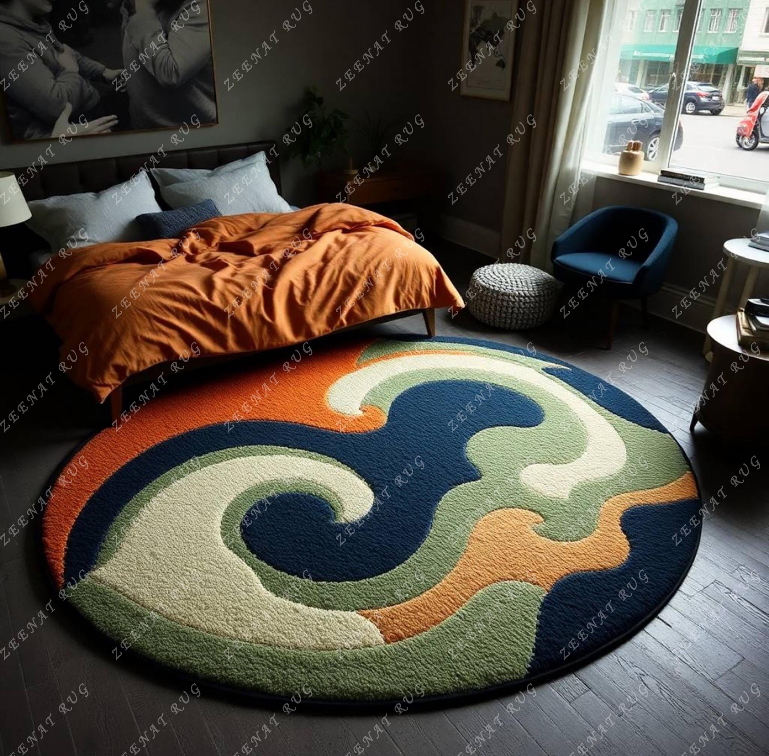 Abstract Hand Tufted Wool Rug Vibrant Color Circular Shape 7x7 Handmade ...