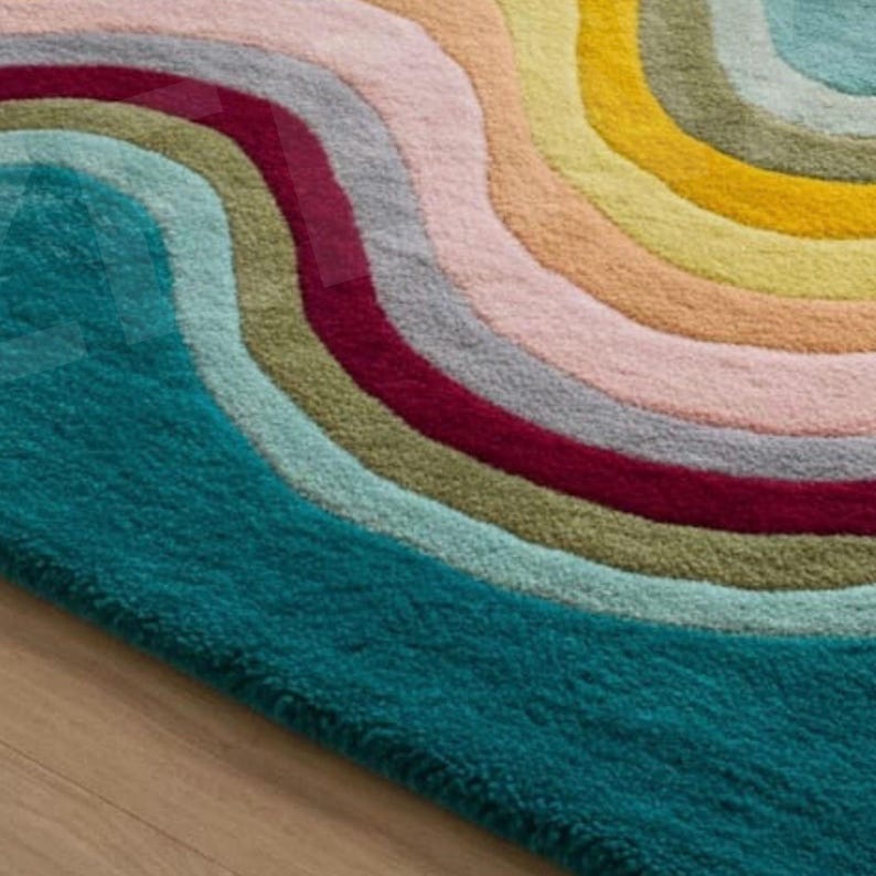 Puede incluir: Una alfombra azul turquesa con un dise&ntilde;o de arco&iacute;ris multicolor. La alfombra tiene un patr&oacute;n ondulado y est&aacute; hecha de un material suave y mullido.