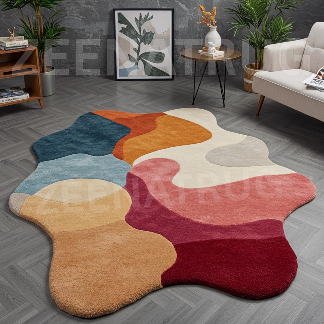 Organic Abstract Wool Rug: Wavy Mid-century Modern Hand-tufted Floor ...