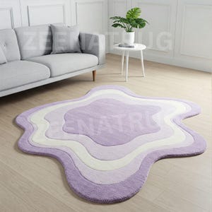 Lavender Serenity Wool Rug Unique Hand-Tufted Abstract  irregular shape  purpal color 3x3 Handmade Custom Area Rug for Living funky home