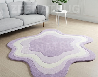 Lavender Serenity Wool Rug Unique Hand-Tufted Abstract  irregular shape  purpal color 3x3 Handmade Custom Area Rug for Living funky home