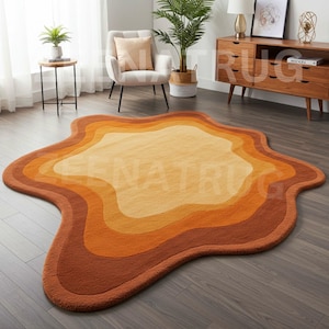 Warm Ombre Orange & Brown Area Rug - Hand-Tufted Irregular Shaped Wool Rug for Retro  Mid-Century Decor