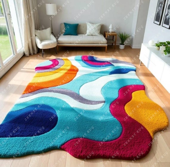 Hand Tufted Rug Ocean Waves Multicolour Rug 5x8 8x10 Large Area Rug Natural Wool Rug Contemporary Rug Vintage style Rug Handmade Boho Decor