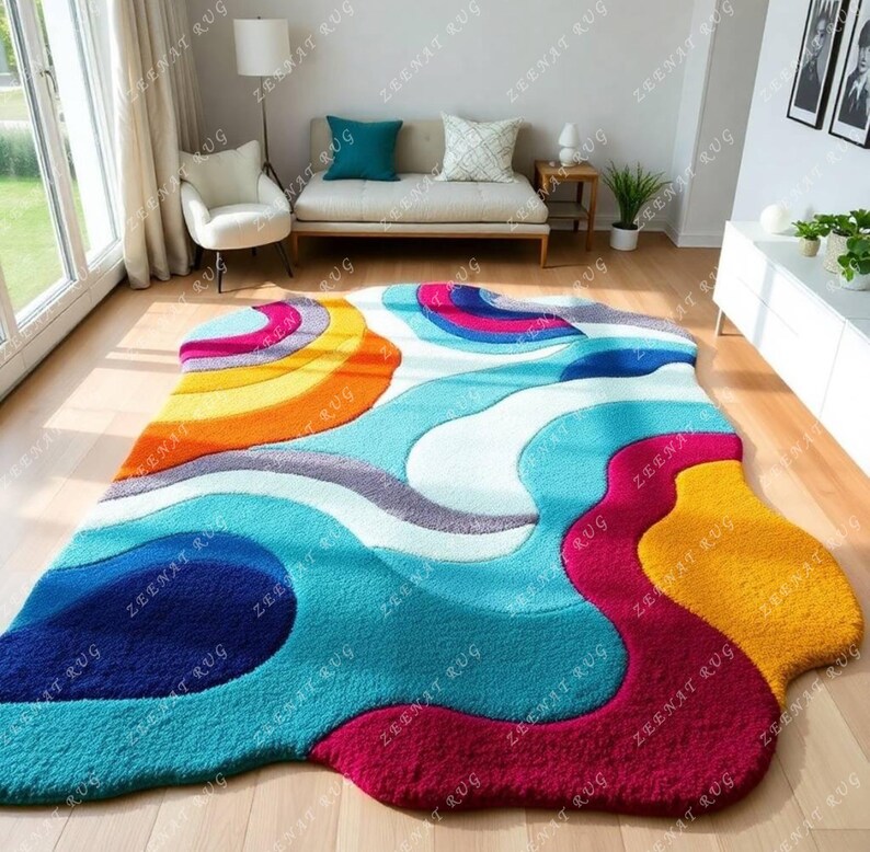 May include: Abstract area rug with a colorful, wavy design in shades of blue, yellow, red, orange, and gray. The rug has a unique, organic shape.
