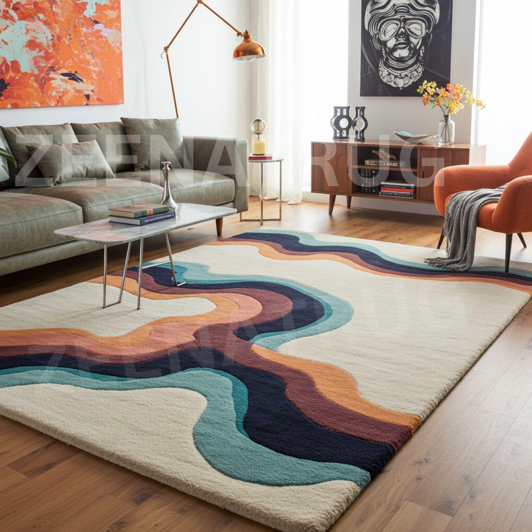 Wavy Abstract Hand-tufted Rug Modern Area 8x10 Multi-color Wool Rug for ...