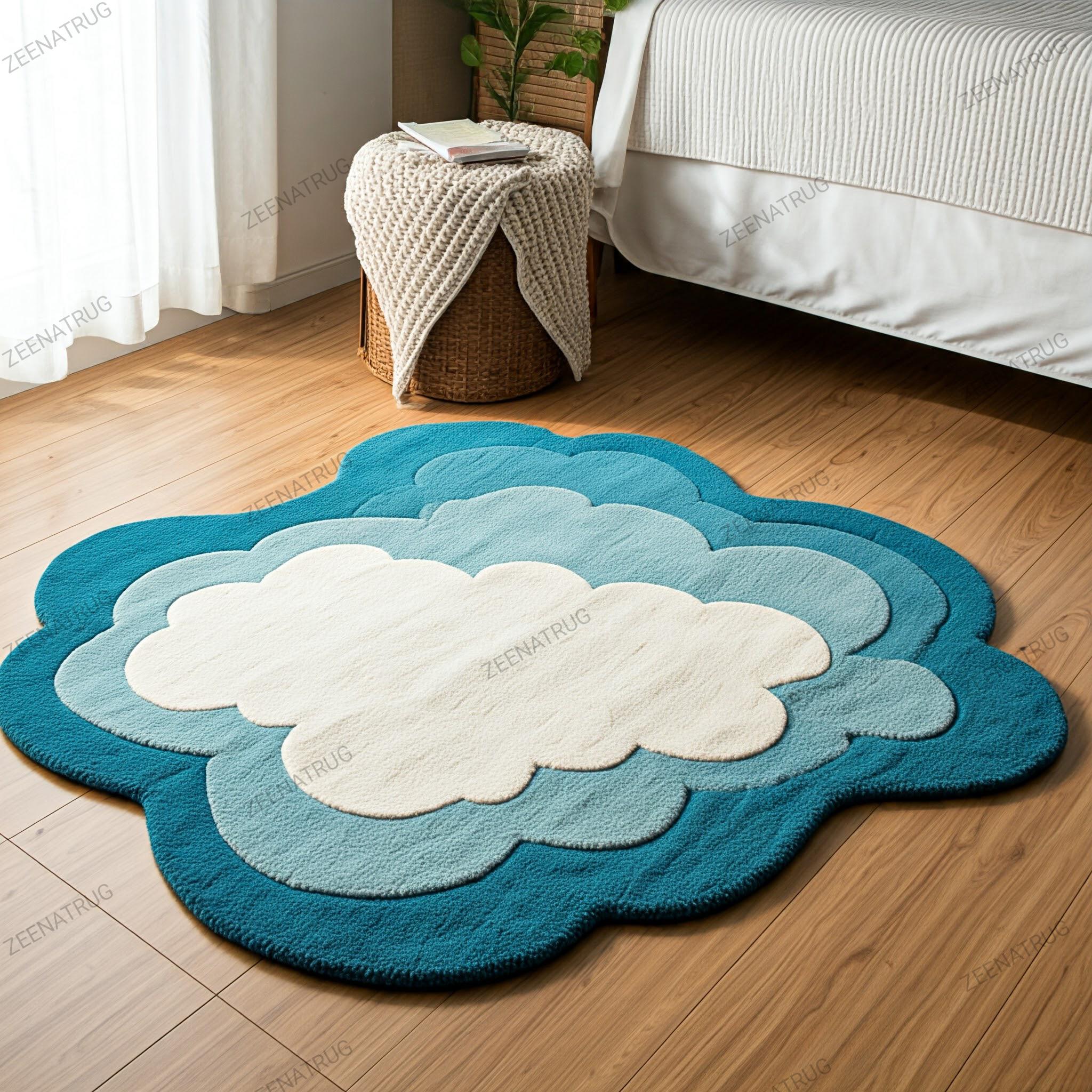 Cloud Area Rug Hand Tufted Serene Blue Color Irregular Shape 3x3 Handmade Custom Area Rug for Living Room Kids Room Home Decor Carpet.