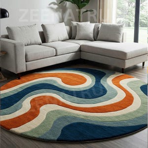 Hand-Tufted Wool Area Rug, Swirling Round Orange Rug 8x8 Large Contemporary Rug Minimalist Decor Handmade Custom Size Rug Funky Home Decor