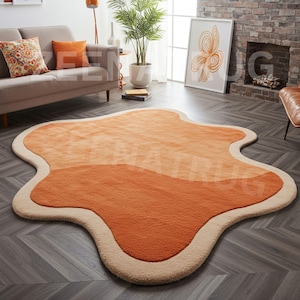 Organic Blob Shape Area Rug - Hand-Tufted Wool Abstract Rug in Terracotta & Beige - Modern Living Room Decor