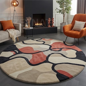 Abstract Terracotta & Beige Round Wool Rug - Modern Hand-Tufted circle shape 3x3 Handmade Custom Area Rug for Living Room Home Decor