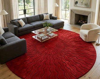 8x8 Modern Red Round Rug Textured Sunburst Circle Area Carpet for Living Room