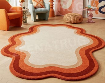 Hand-Tufted Wool Rug, Retro Ombre Sunset Swirl, Irregular Shape Area Rug