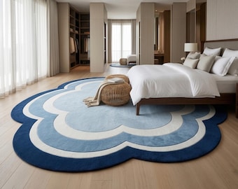 Blue Flower Shaped Rug 8x8 Hand Tufted Scalloped Wavy Edge Area Carpet Bedroom Decor