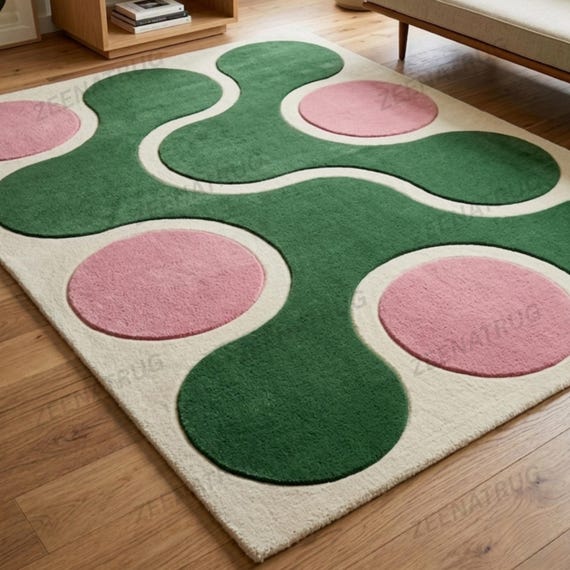 ラグ　Hand Woven LOGO Rug - small Abstract Hand Tufted Wool Rug Irregular Shape Color Lush Green and