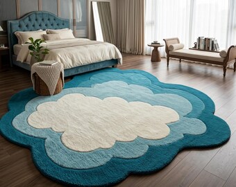 Cloud Area Rug Hand Tufted Serene Blue Color Irregular Shape 3x3 Handmade Custom carpet for Living Room Kids Room Home Décor.