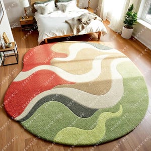Flow Hand Tufted Wool Rug Green Color Irregular Shape 8x10 Handmade Custome Area Rug for Home Decor.