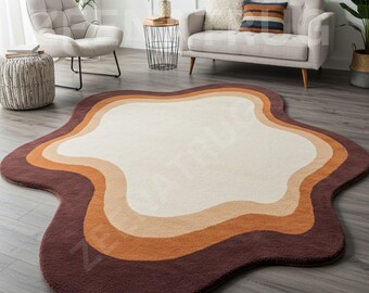 Alfombra de lana tejida a mano con forma irregular - Alfombra abstracta moderna - Alfombra de forma orgánica única para sala de estar, decoración de dormitorio con estética original