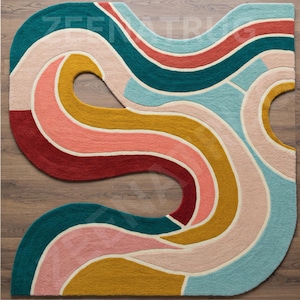 Coastal Flow" Hand-Tufted Wool Rug A Vibrant Wave of Color irregular shape 3x3 Handmade Custom Area Rug for Living Room, Funky home decor