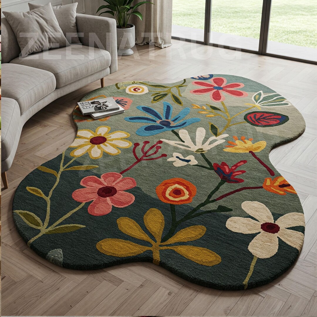 Enchanted Rug Texture Hand-tufted Wool Rug: Enchanted Meadow Floral, Organic Shape, Sage ...